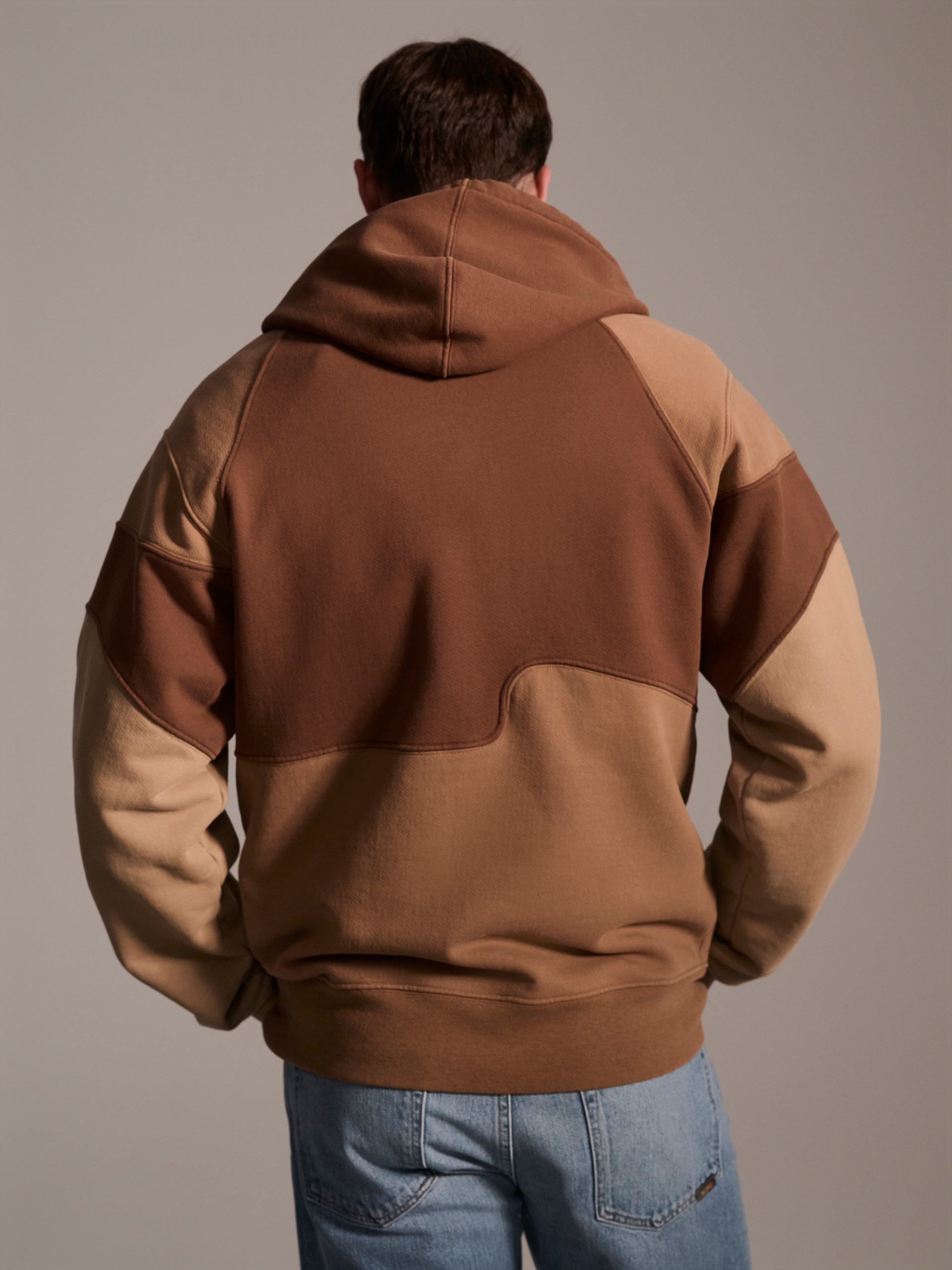 A back image of a male model wearing a color blocked pull-over hoodie in brown tones featuring a printed logo 