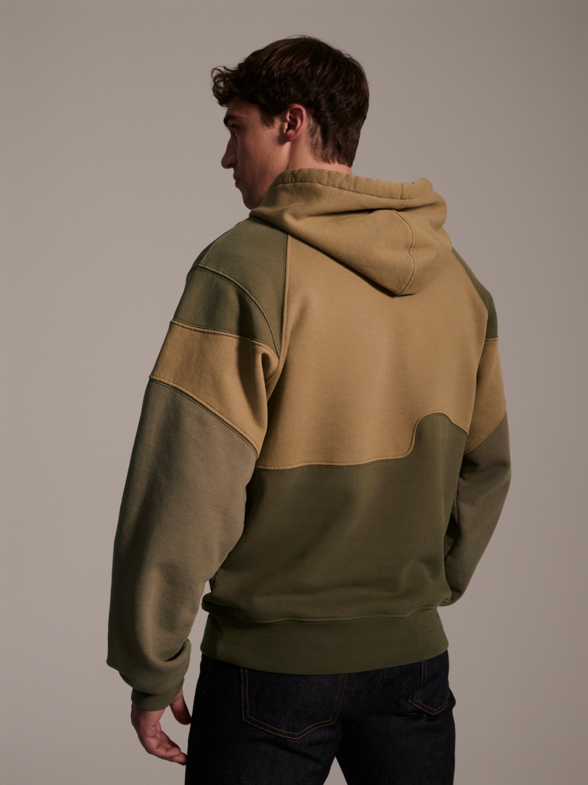 A back image of a male model wearing a color blocked pull-over hoodie in green tones featuring a printed logo 