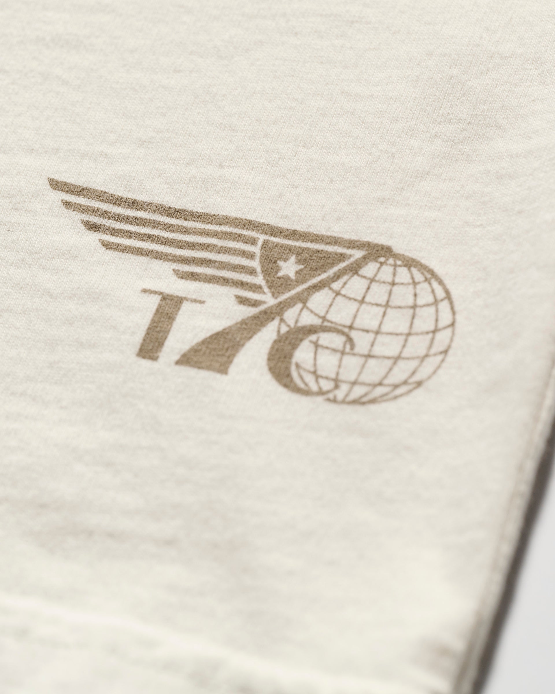 Close-up of the beige PRE-ORDER: THE KNOXS TEE WITH MERIDIAN PRINT by T7C, showing a brown design with stylized wings, 76, a star in a triangle, and a globe on the right.
