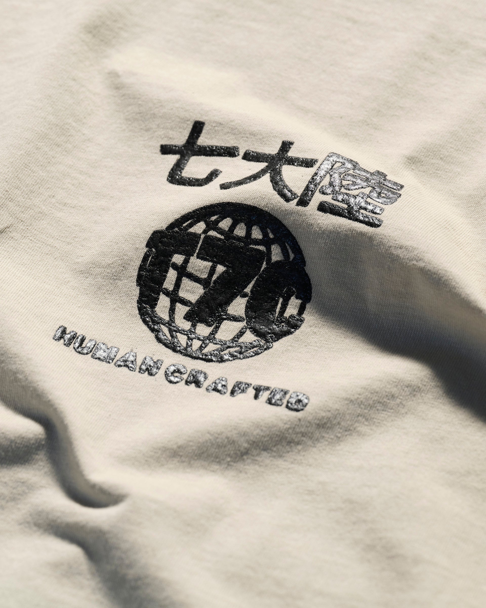 A close-up of The Timo Tee in Fog by T7C The Seven Continents displays Japanese characters, a stylized globe with headphones, and HUMANCRAFTED in black puff screen print for unique texture.