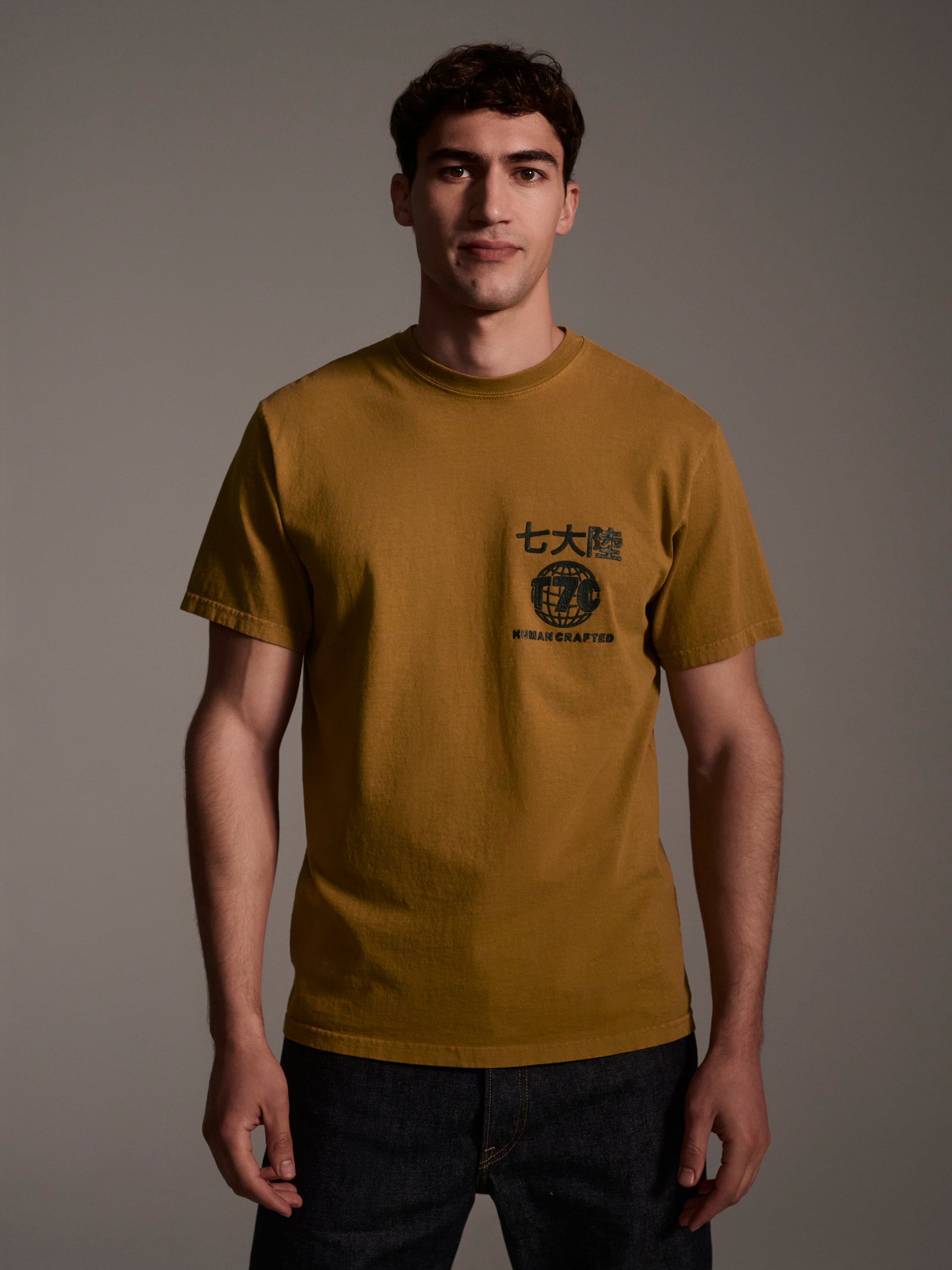 An image of a male model wearing a mustard t-shirt with a logo detail