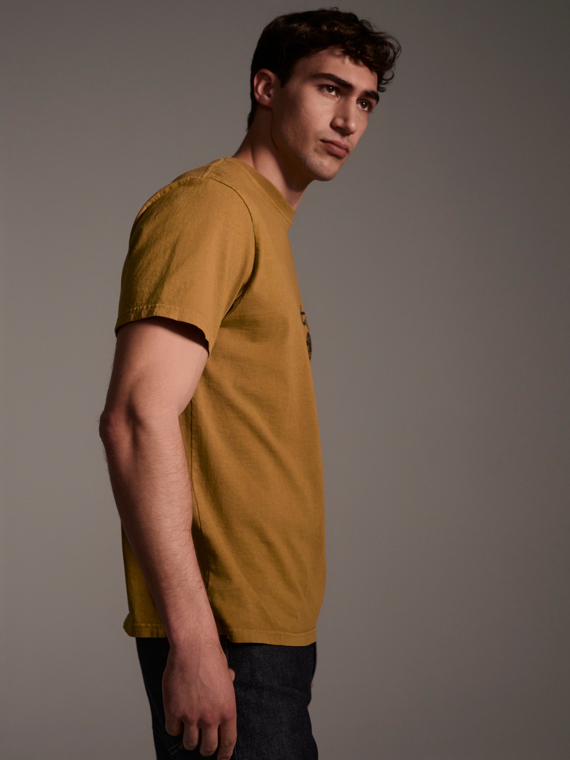 A profile image of a male model wearing a mustard t-shirt with a logo detail