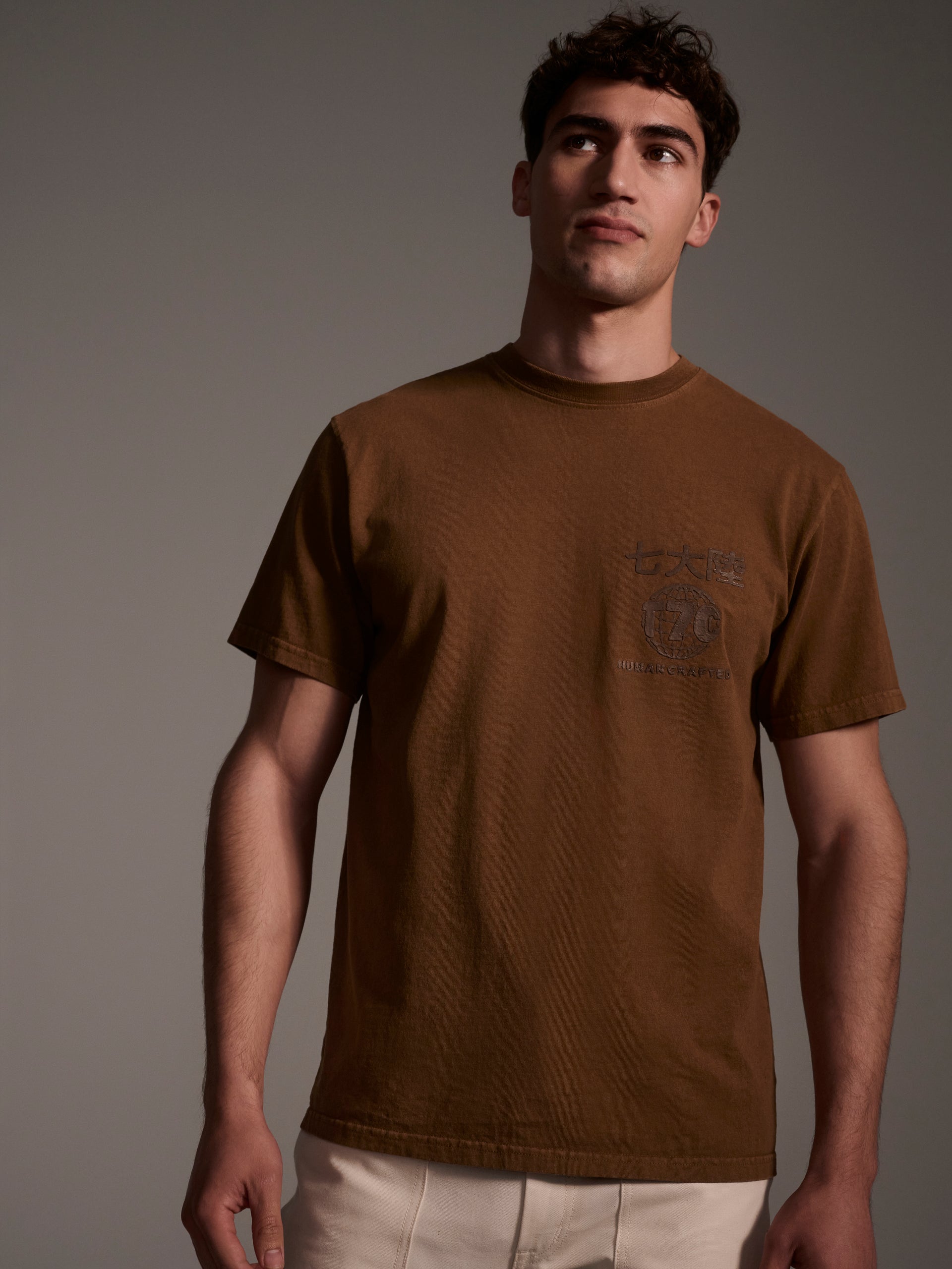 A male model wearing a brown t-shirt with a logo detail