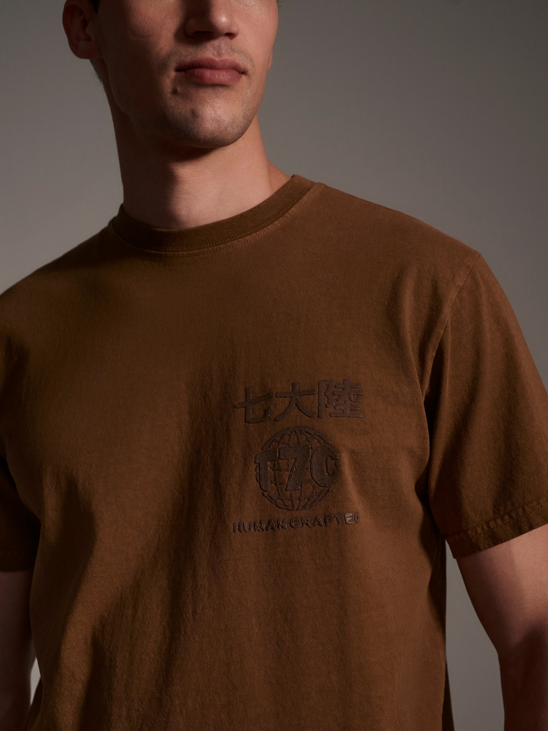 A detail image of male model wearing a brown t-shirt with a logo detail