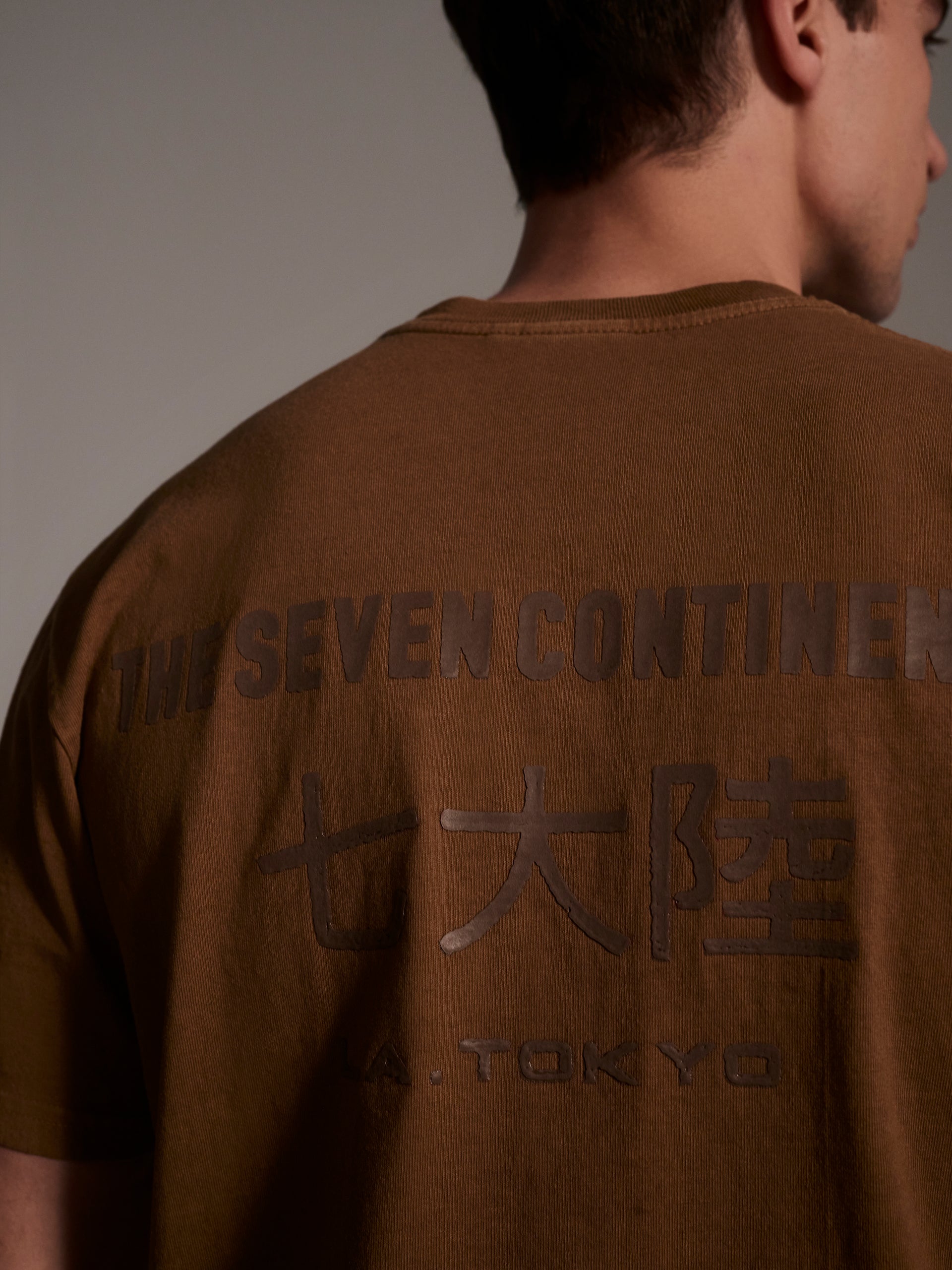 A back detail image of a male model wearing a brown t-shirt with a logo detail